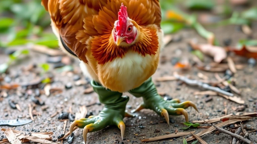 A Chicken wearing Big Floppy  Wellington Boots that  cover their claws and feet completely  to keep them dry