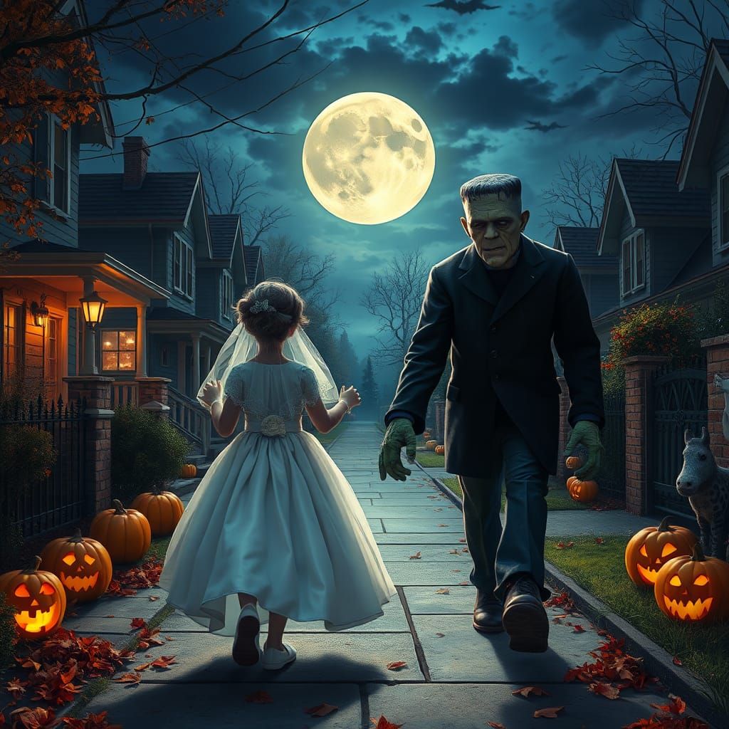 Bride and Frankenstein Trick-or-Treating: Fantasy Concept Ar...