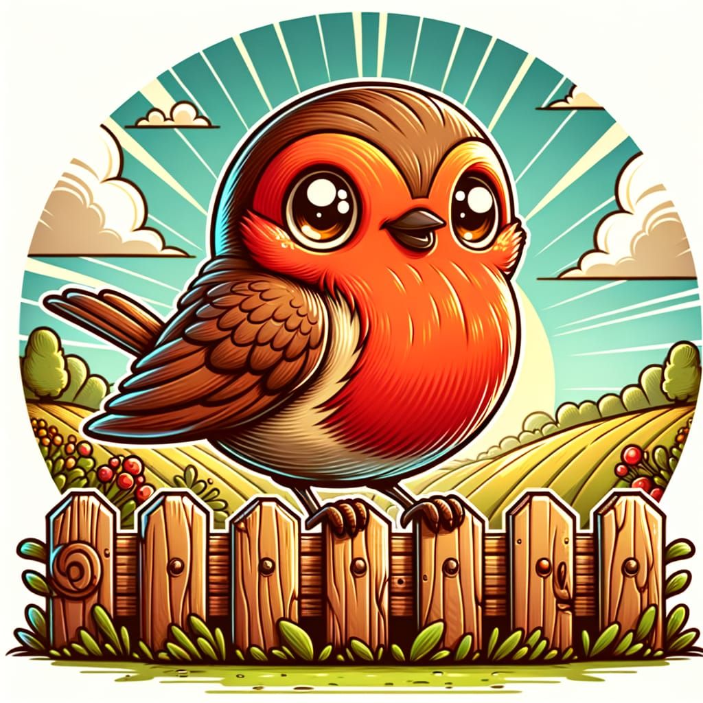 Cute Cartoon Robin on Wooden Fence in Sunny Countryside