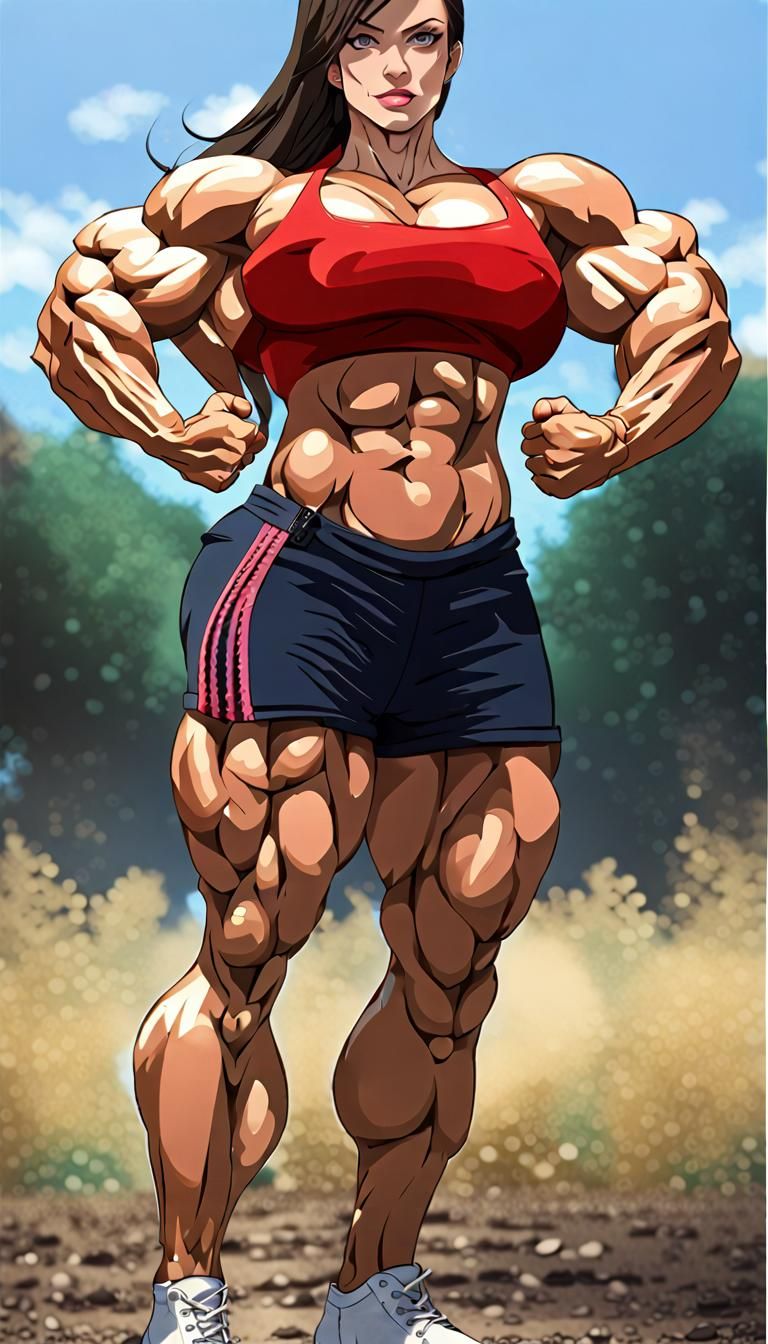 Anime Bodybuilder on Battlefield in Double Biceps Pose
