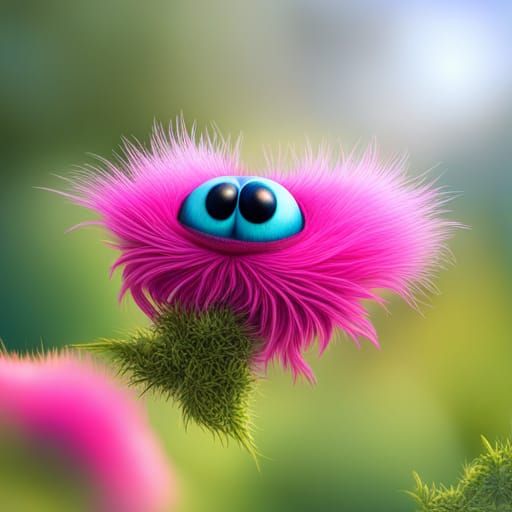 Neon Pink Insect with Cartoon Eyes in Cottagecore Home