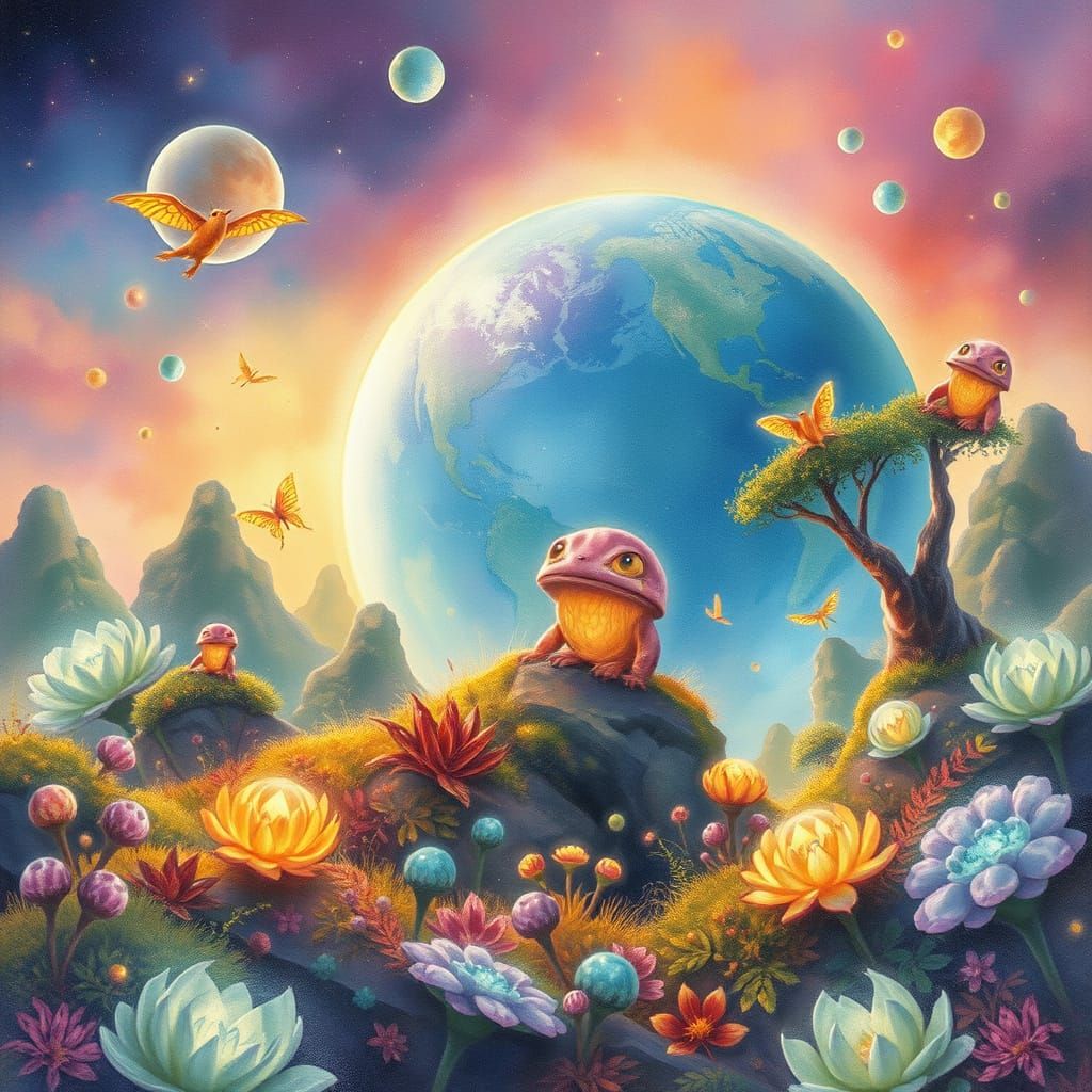 Whimsical Watercolor Planet with Glowing Aliens and Fantasti...