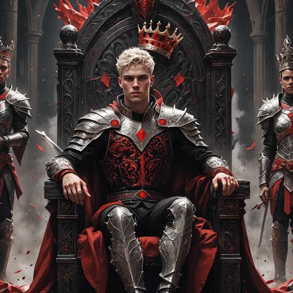 Young King on Throne: Black and Red Fantasy Art