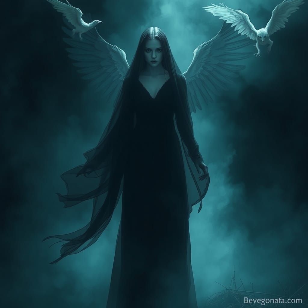 Mysterious Woman in Black Dress with Ethereal Spirits
