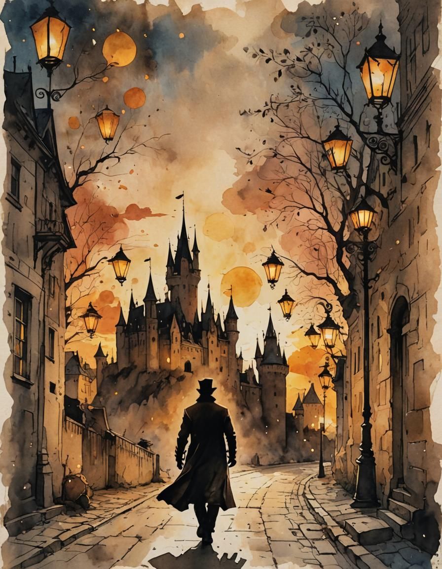 Steampunk Castle Silhouette in Ink Painting