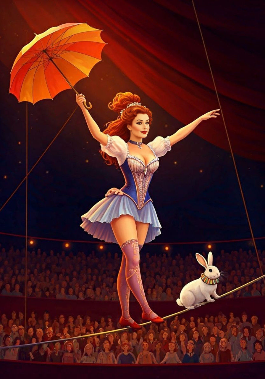 Elegant Acrobat Dances High Above a Thrilled Circus Crowd wi...