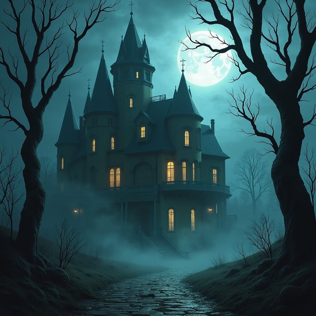 Haunted Mansion in Stormy Forest, Digital Matte Painting