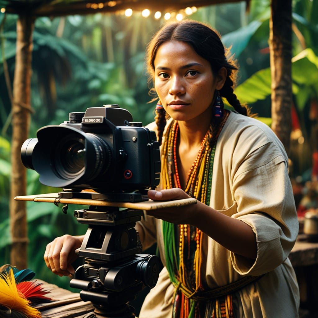 Photographer at Work in Amazonian Village as Oil Painting