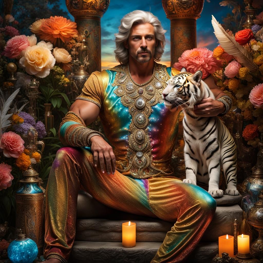 Bioluminescent Man with Tiger in Fantasy Garden