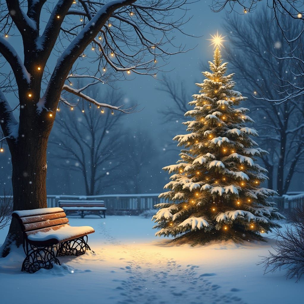 Magical Christmas Park in Gentle Snowfall