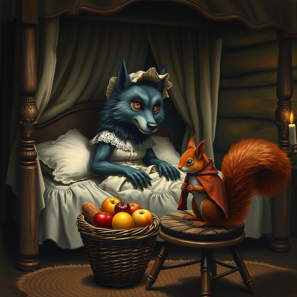 Big Bad Wolf in Plush Bed with Red Squirrel, Whimsical Woodl...