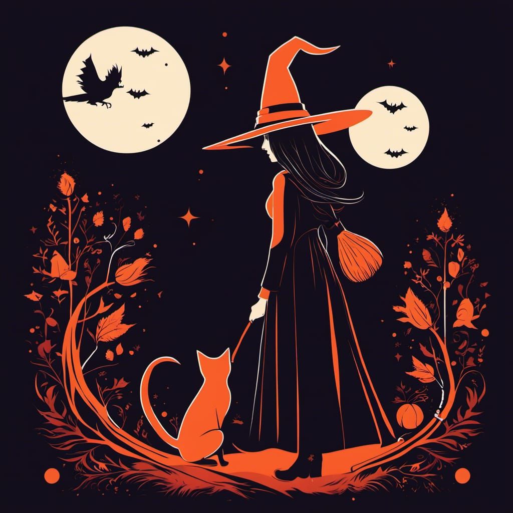 Minimalist Witch and Cat in Digital Splash Art