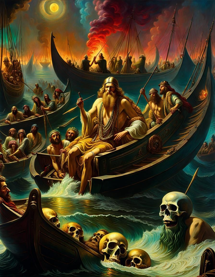 Charon Ferrying Souls in Surreal Mixed Media Style