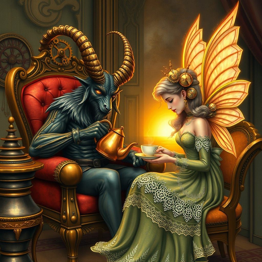 Steampunk Krampus Sips Tea with Iridescent Fairy Godmother