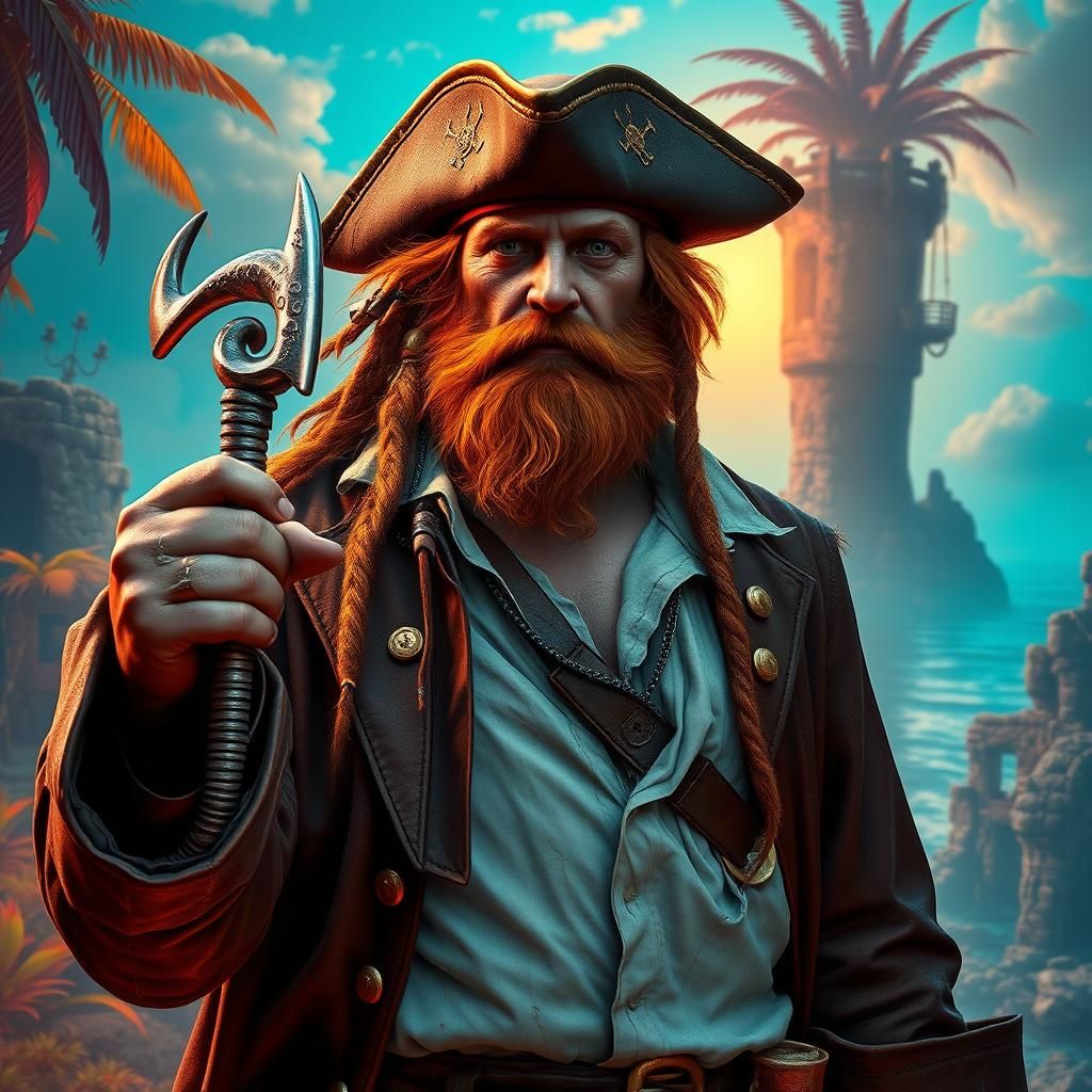 Ginger-Bearded Pirate with Silver Hook on Caribbean Island