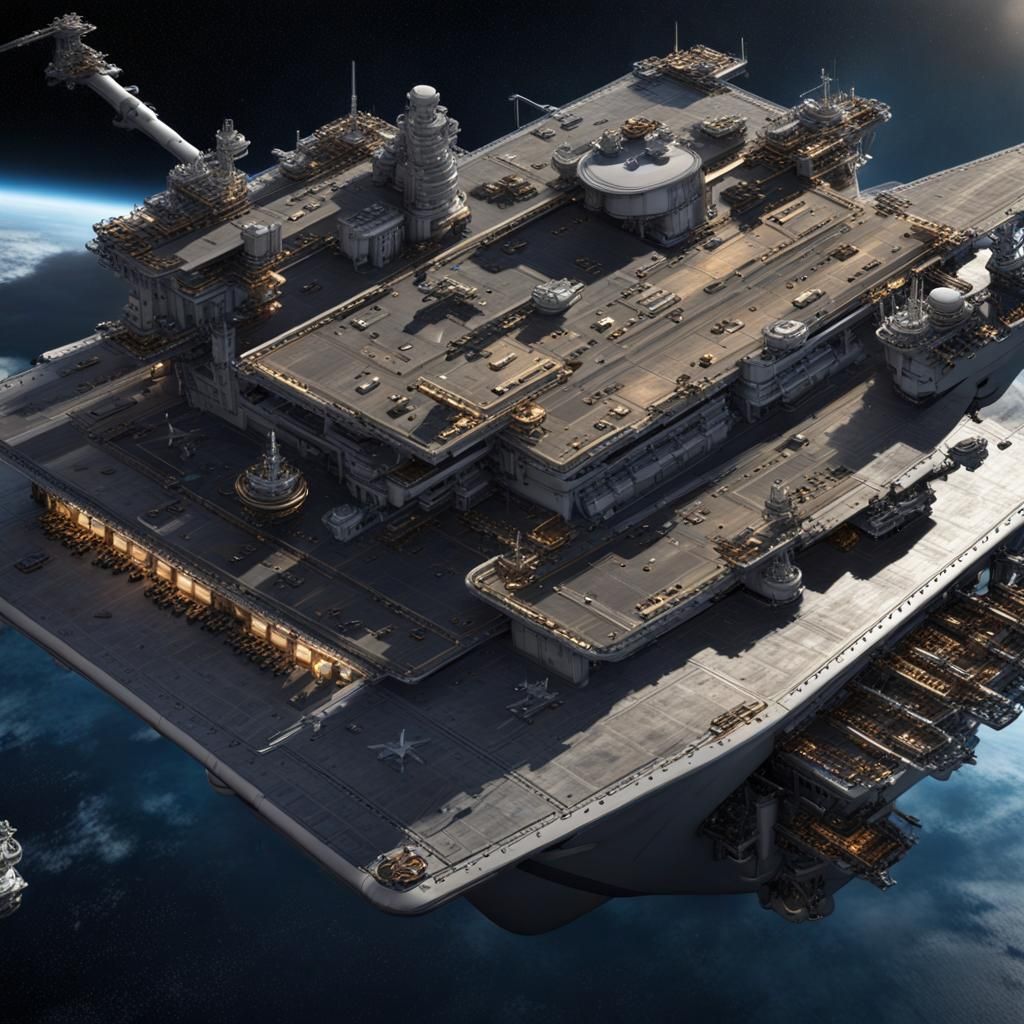 Isometric Aircraft Carrier in Space: Steampunk Concept Art
