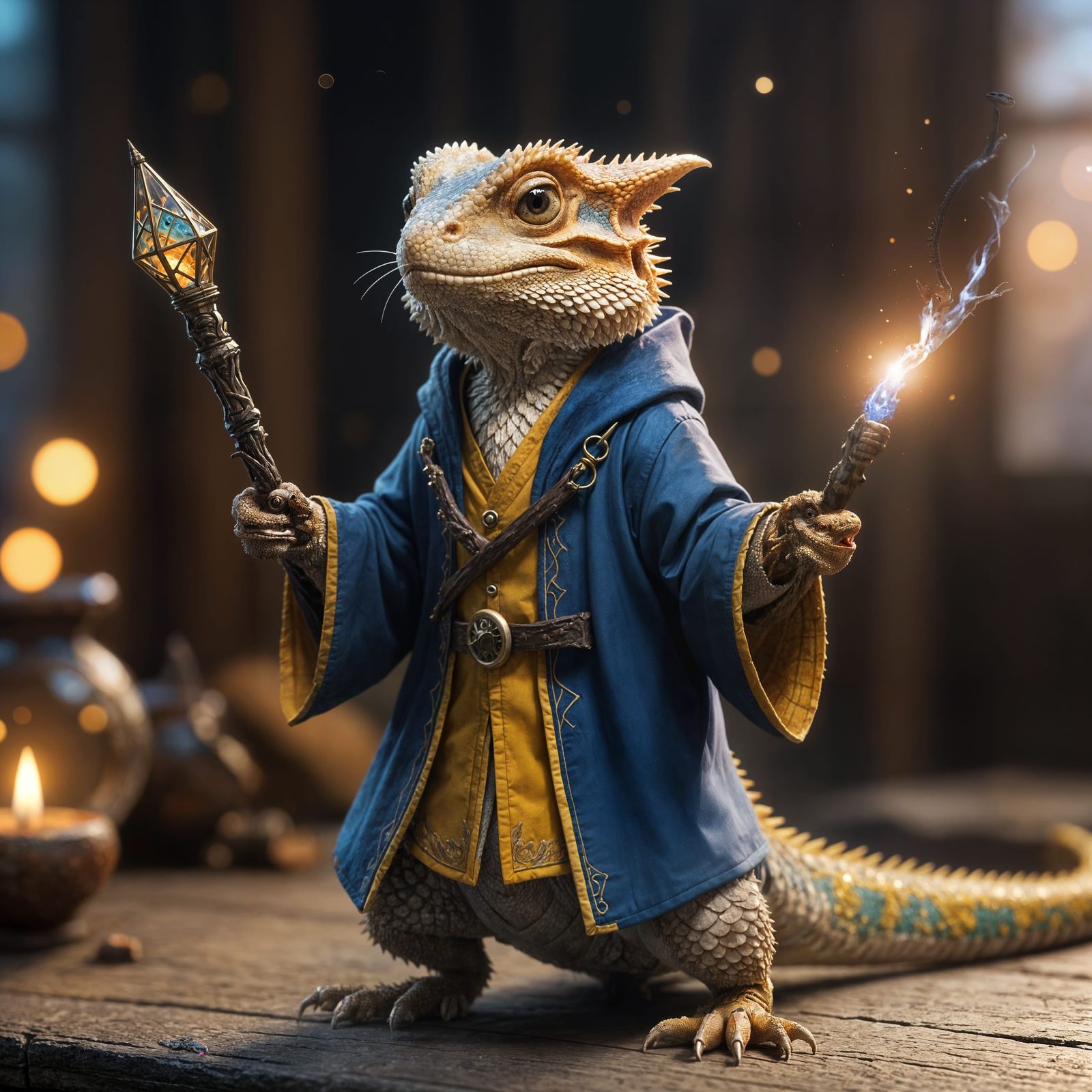 Bearded Dragon Wizard Casting Spell in Anime Style