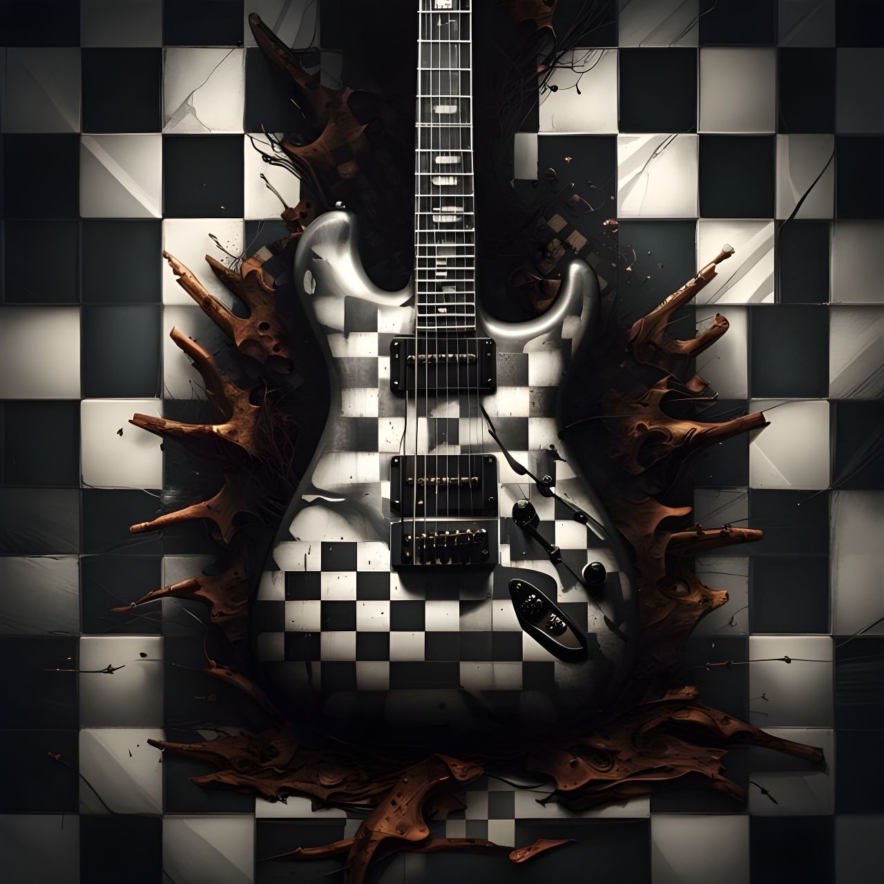 Checkered Electric Guitar in Ornate Rococo Style