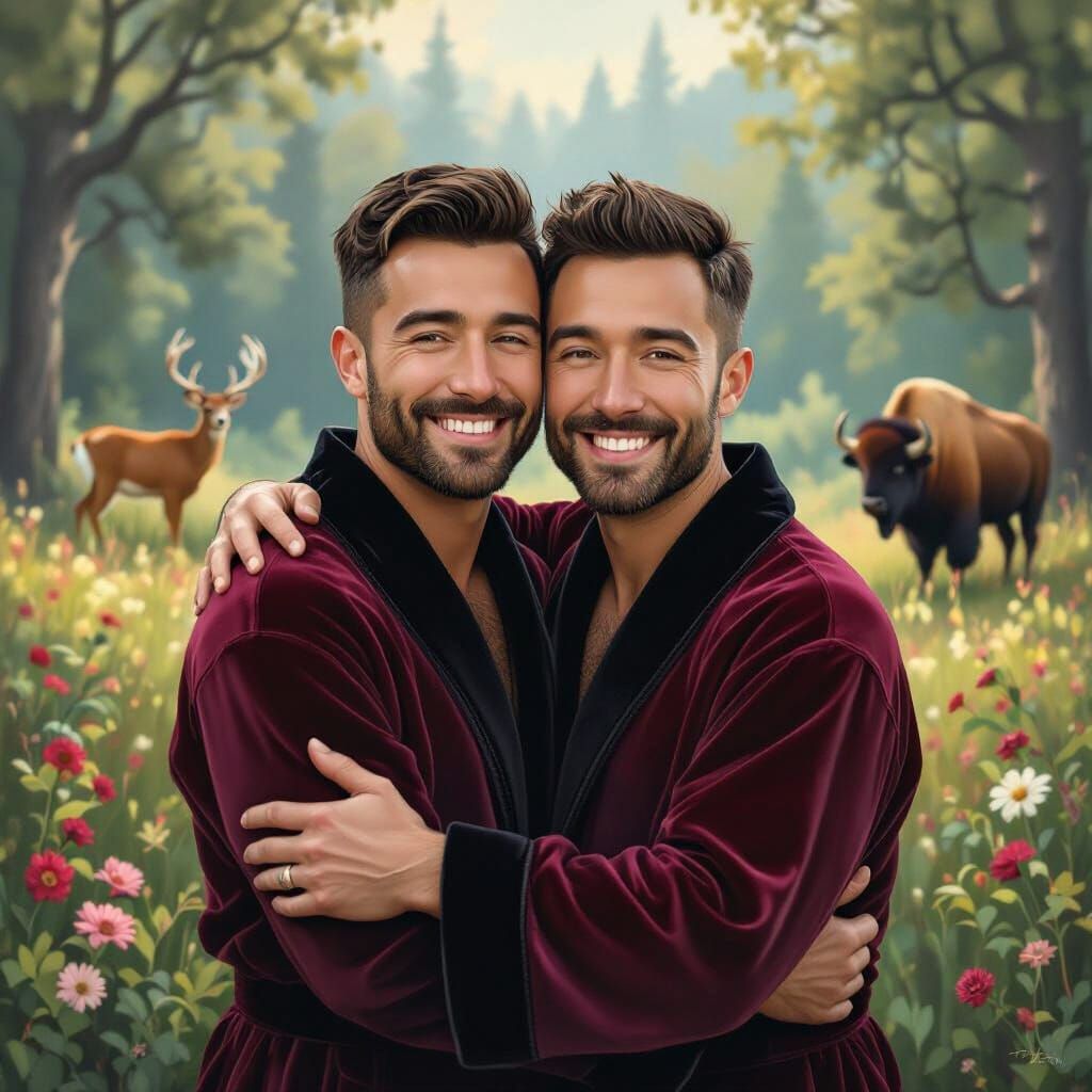 Two Smiling Men Hugging in a Lush Garden