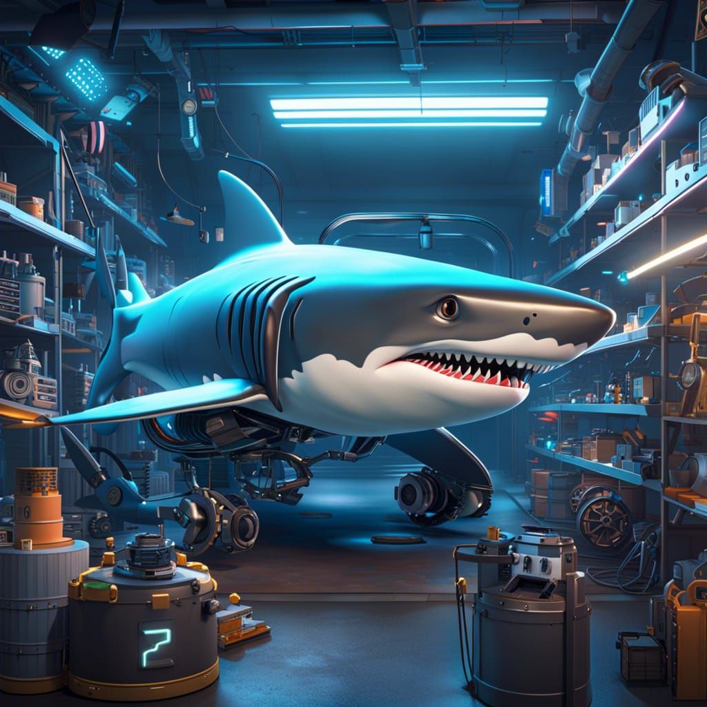 AI Mechanic Repairs a Shark Car in Cyberpunk Style