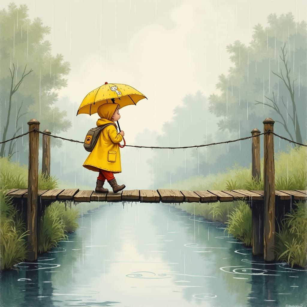 Whimsical Rainy Day Scene of a Toddler on a River Bridge