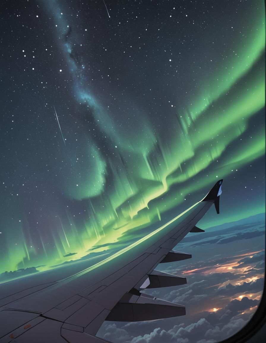 Aurora Borealis from Airplane Window: Anime Style