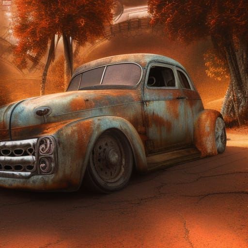 Detailed Matte Painting of an Old Rusty Car