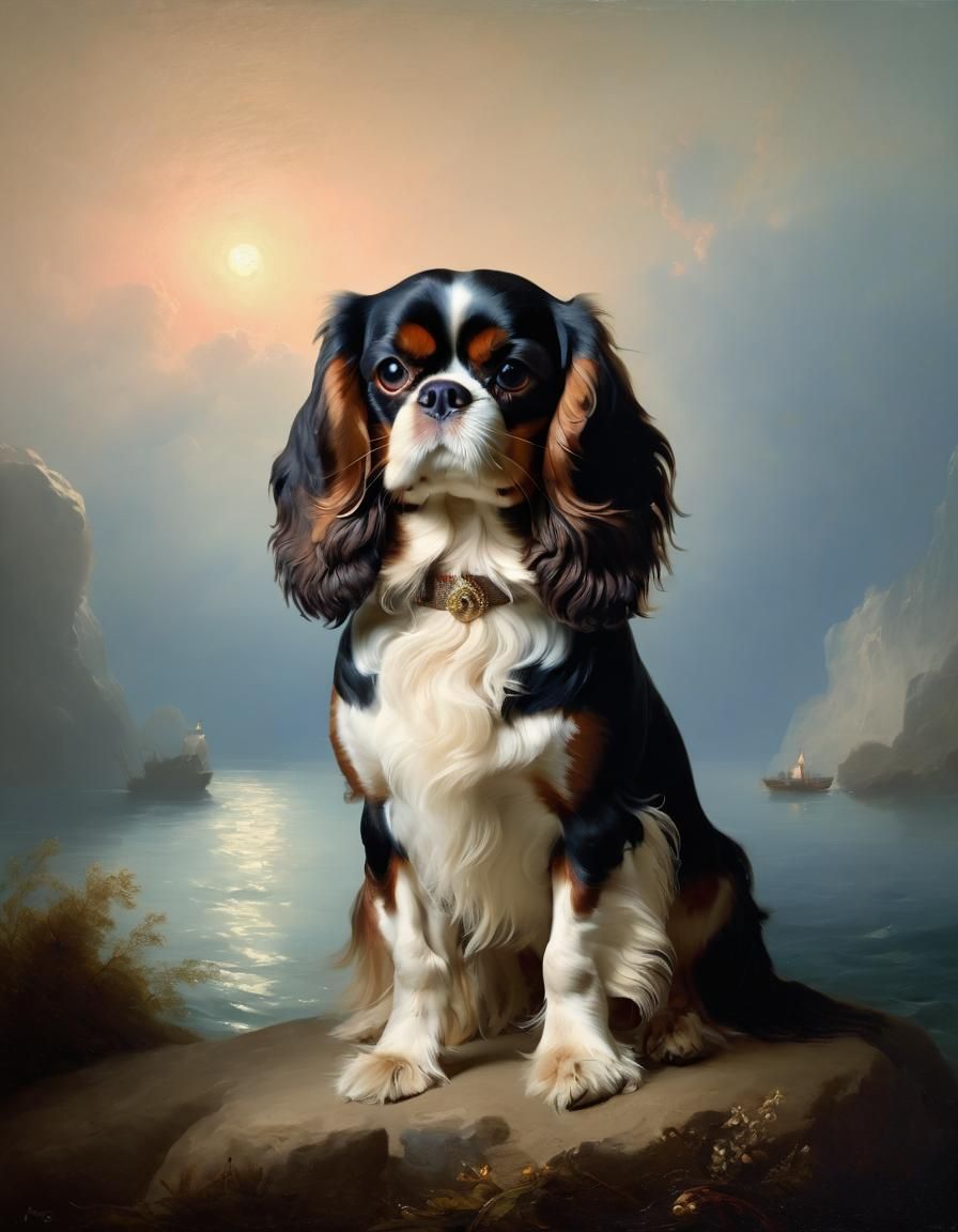 King Charles Spaniel as Romantic Seascape Painting