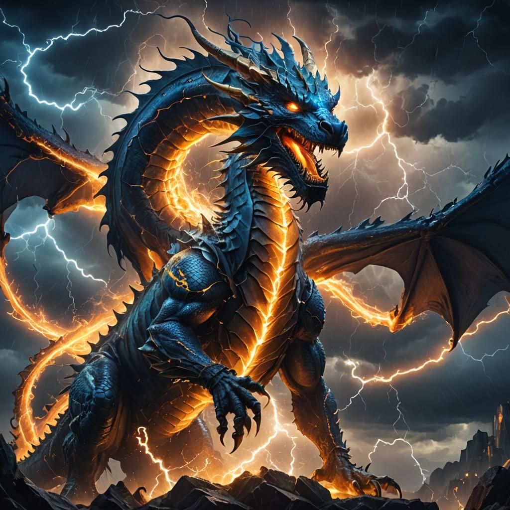Lightning Dragon Charged in Stormy Fantasy Landscape