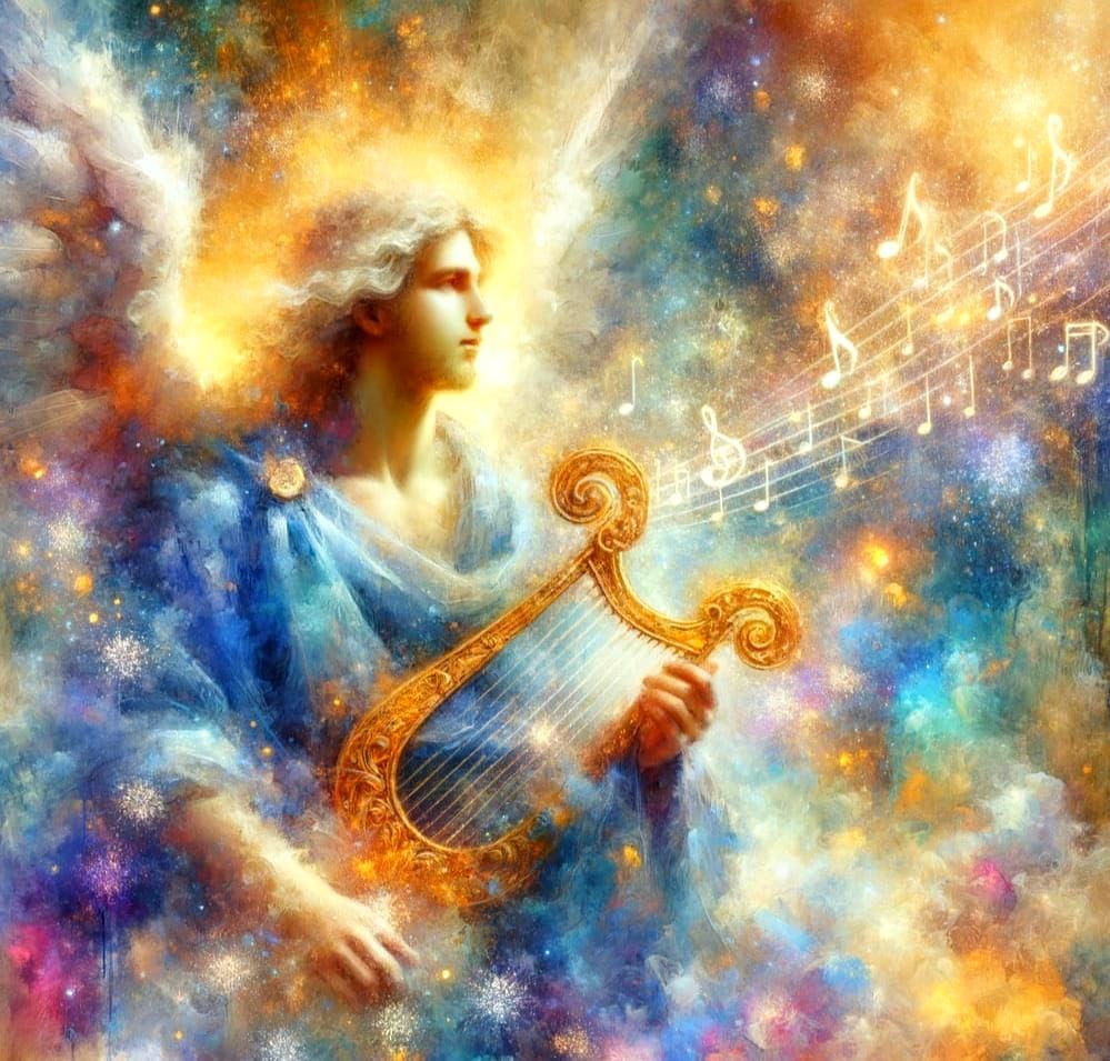 Youthful God of Music Holds Gilded Harp in Watercolour Snows...