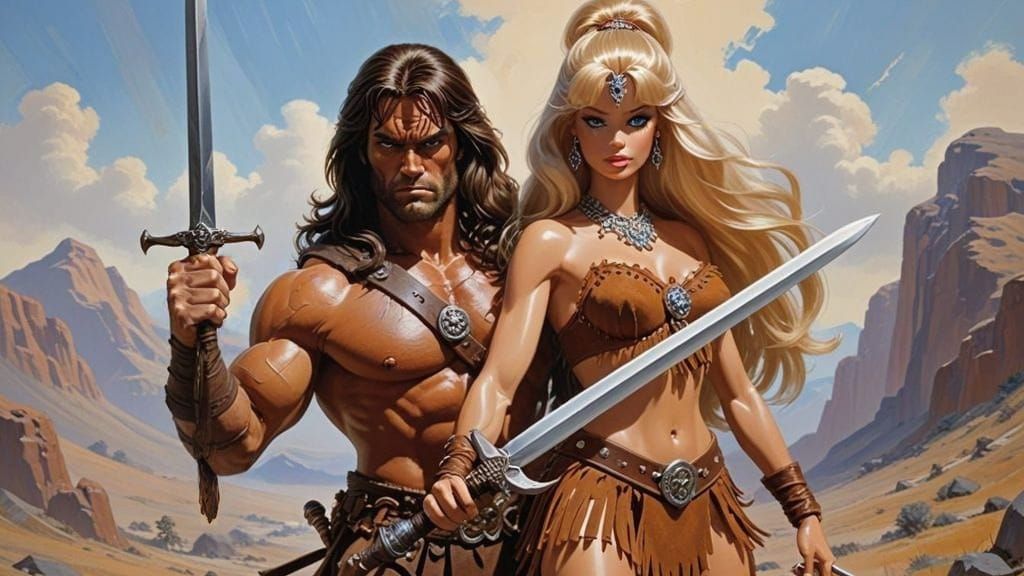 Muscular Barbarian Grips Sword in Acrylic Painting