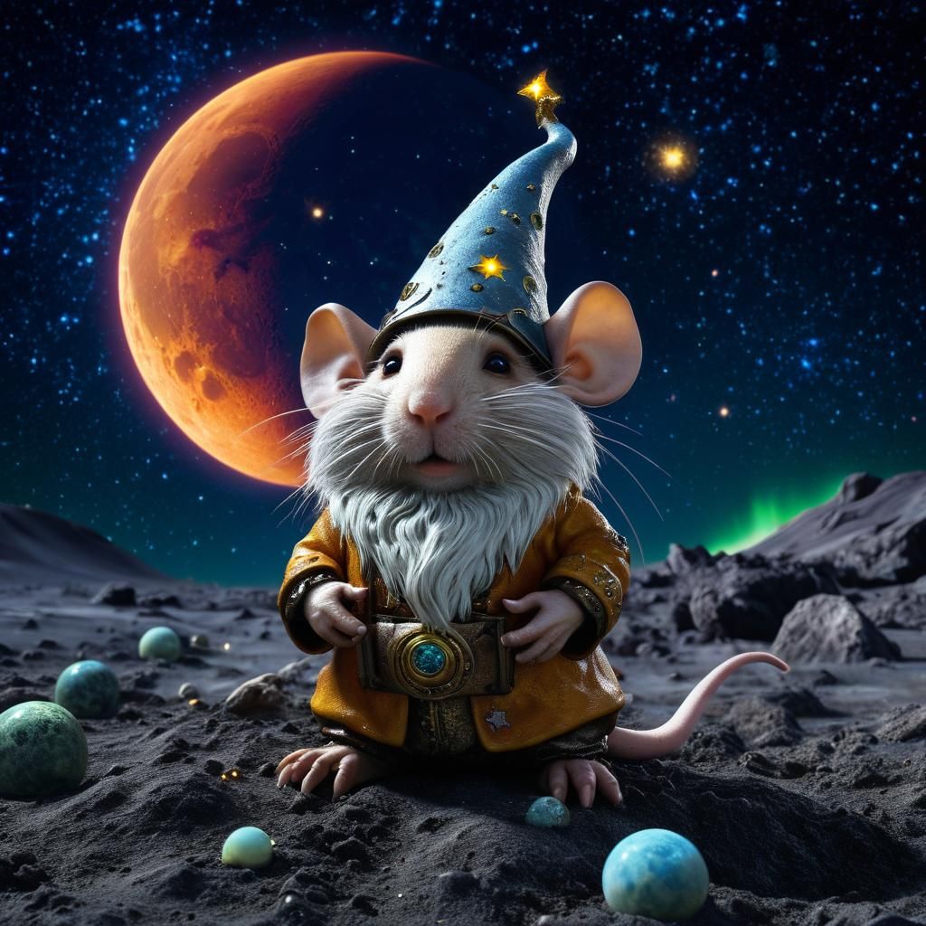 Gnome Mouse on Moon with Fireflies Macro Photograph