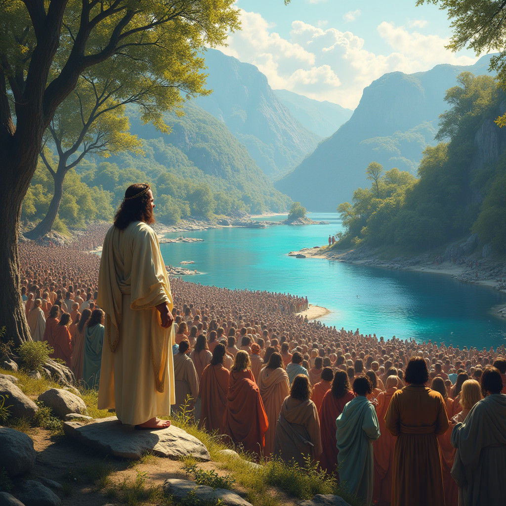 Jesus Teaching by a Lake: Fantasy Concept Art