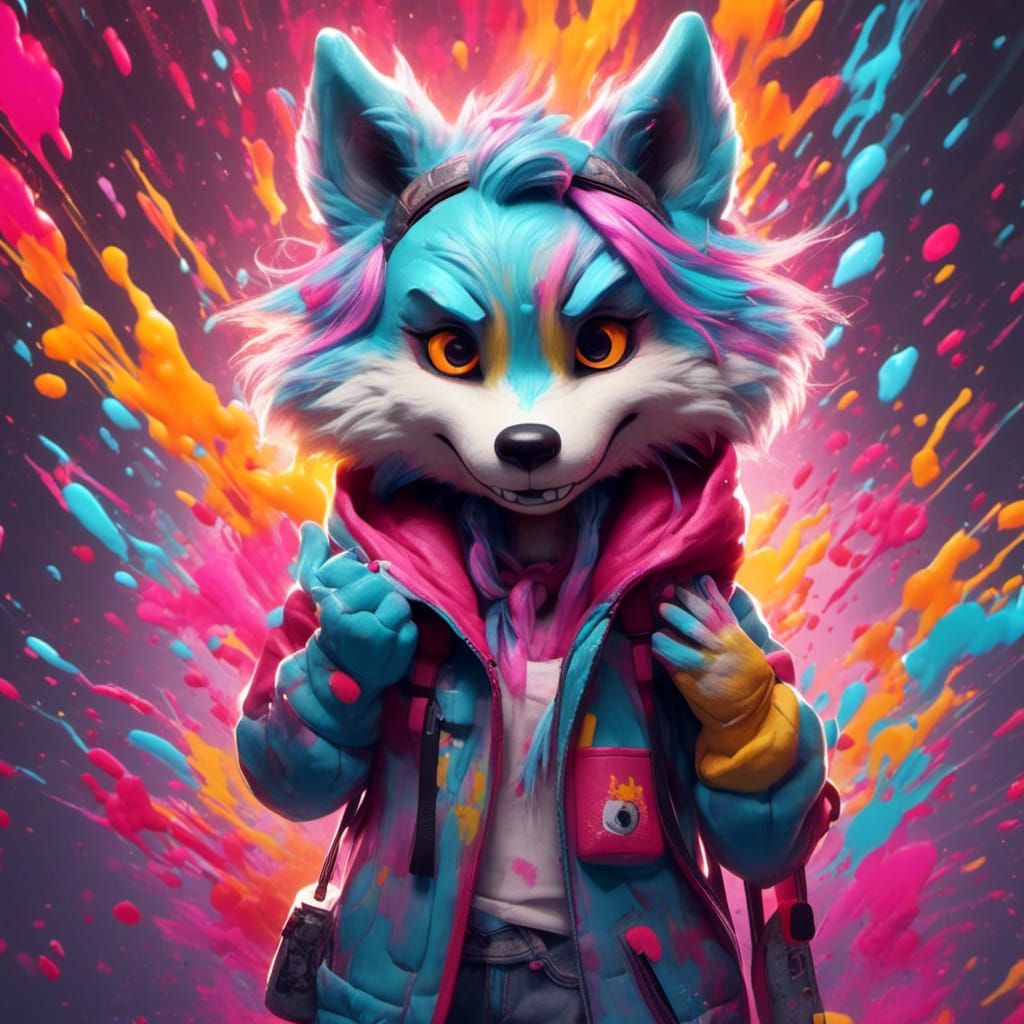 Colorful Anthropomorphic Wolf Girlfriend in Graffiti Style