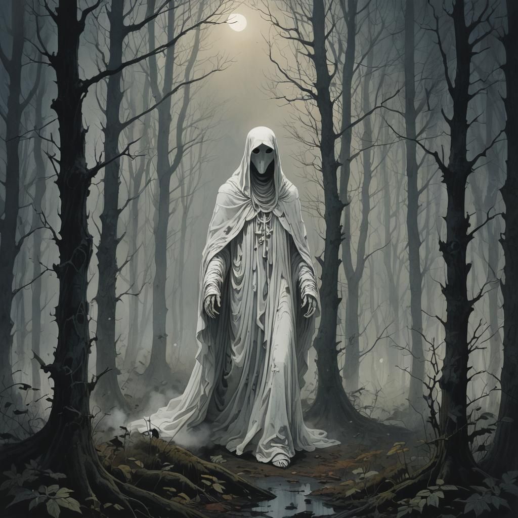 Eerie Ghostly Figure in Misty Woods