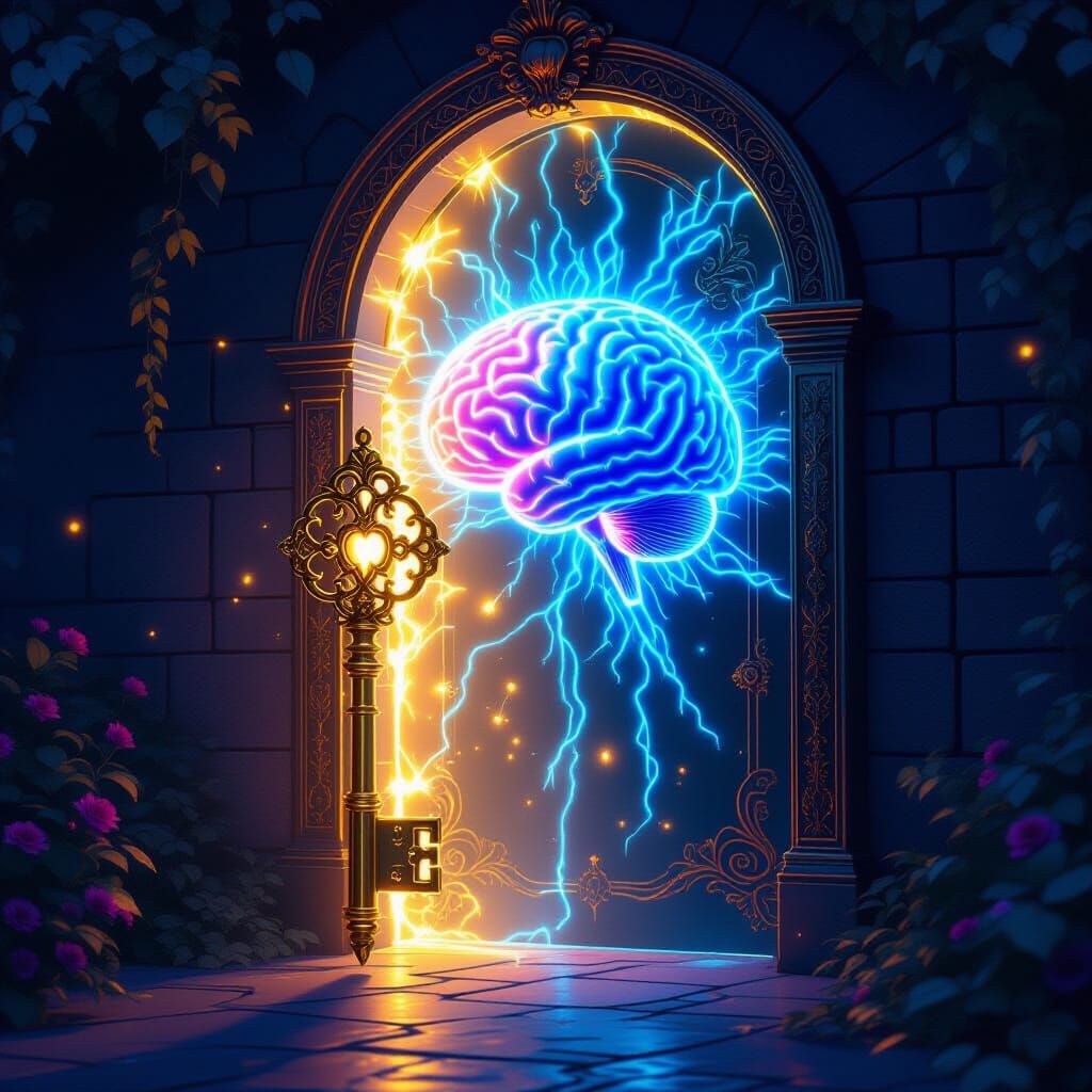 Golden Key Unlocks Glowing Brain Door in Ethereal Light