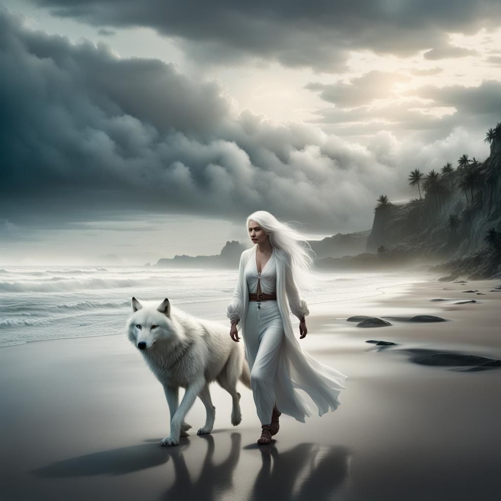 White-Haired Woman and Wolf on Beach