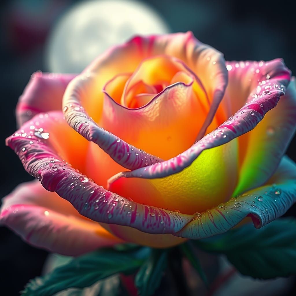 Hyper Detailed Moonlit Rainbow Rose Macro Image