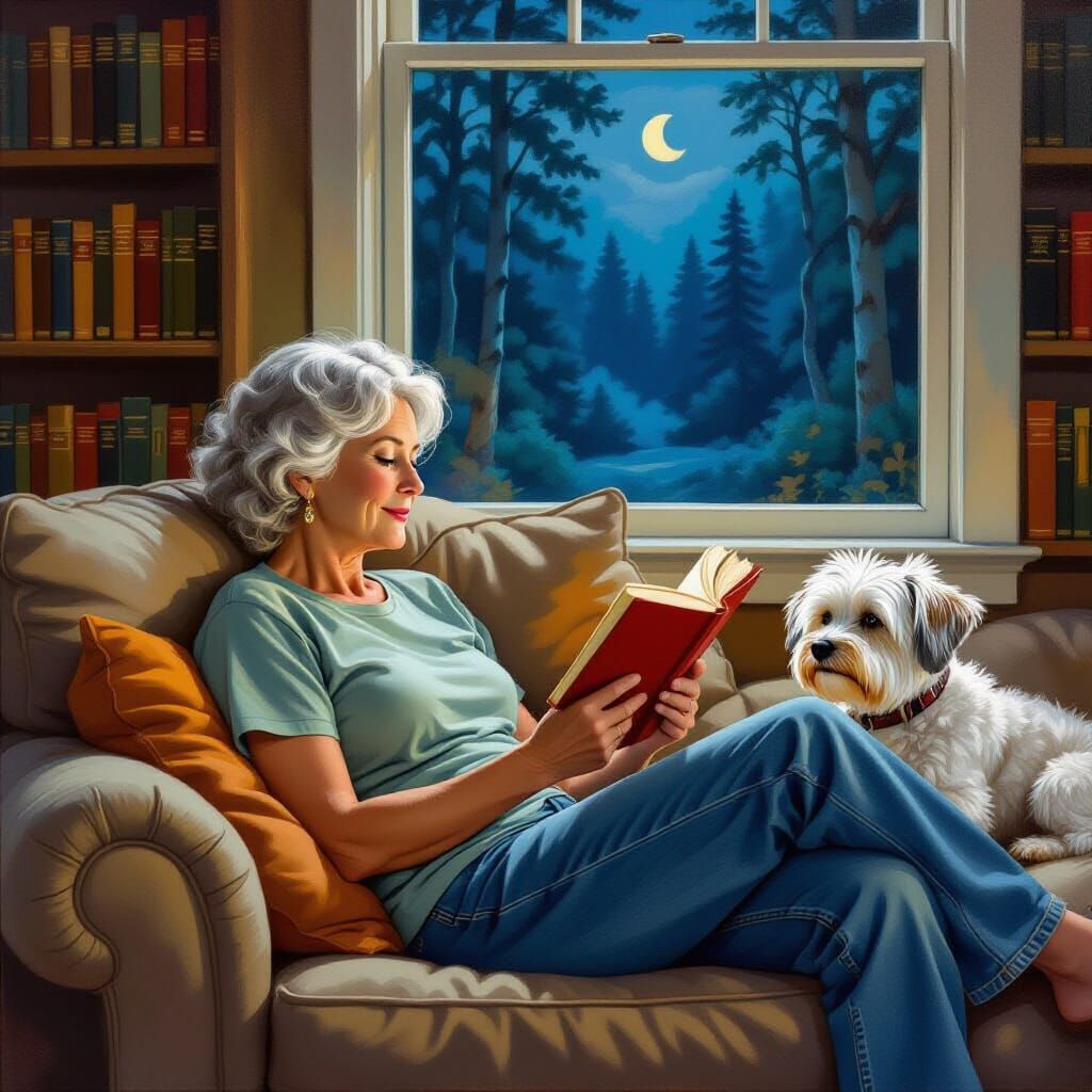 Cozy Library Scene in Norman Rockwell Style