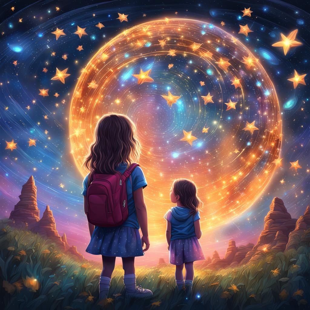 Child Watching Stars and Fireflies: Cosmic Illustration