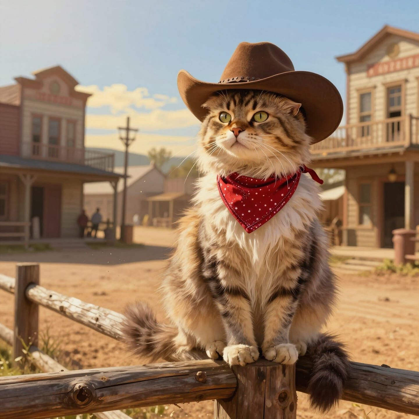 Fluffy Cat Cowboy on Wild West Fence Post