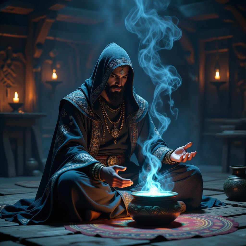 Mystical Shaman with Celestial Markings in Ancient Tavern