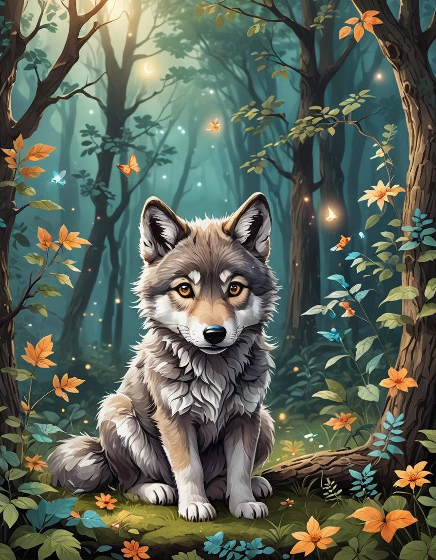 Cute Wolf Cub in Enchanted Forest