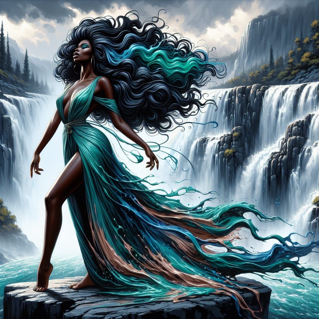 Radiant Woman Overlooking Waterfall: Airbrush Oil Painting