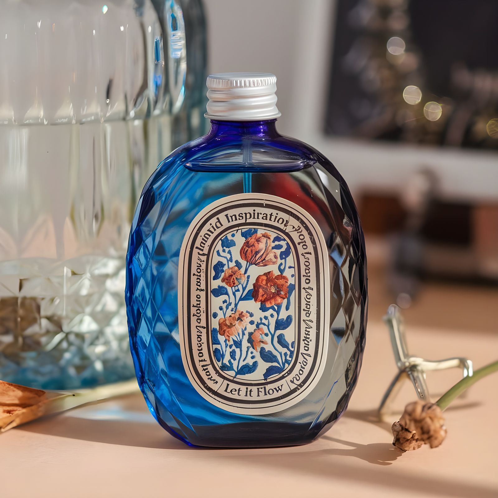 Vintage Liquid Inspiration Label on Blue Glass Bottle