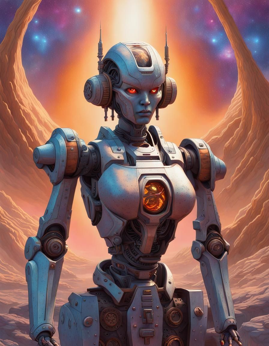 Female Battle Robot Portrait in Psychedelic Colors