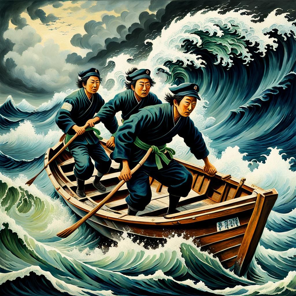 Heroic Sailors Brave Rough Seas in Hokusai Style