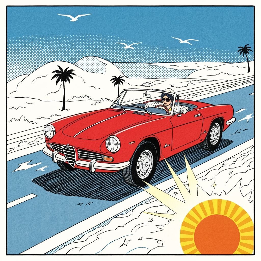 Vintage Convertible on Coastal Road in Retro Comic Style