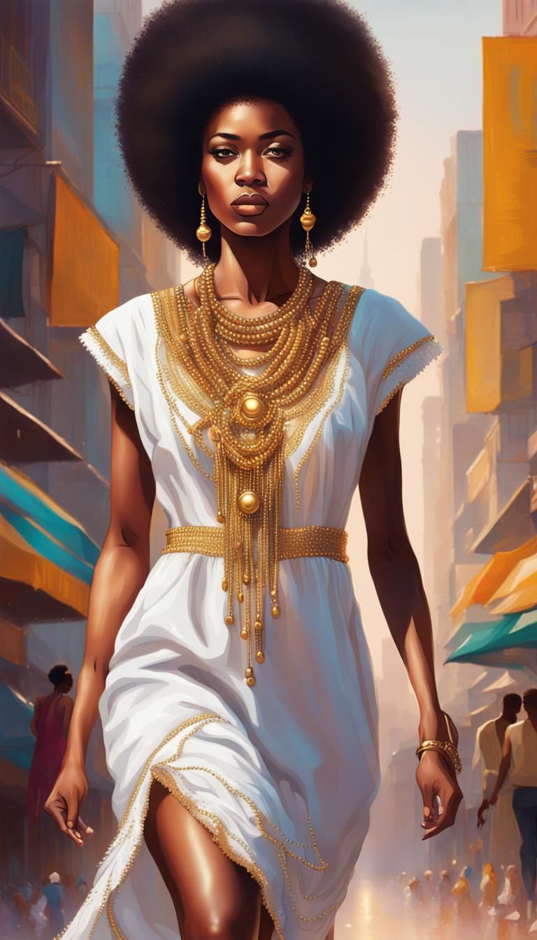 Afro Model in Gold-Beaded Dress, Splash Art