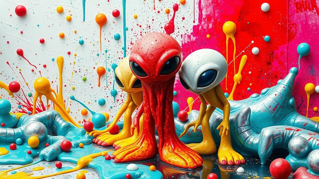 Melting Alien Toys in Vibrant Street Art Style